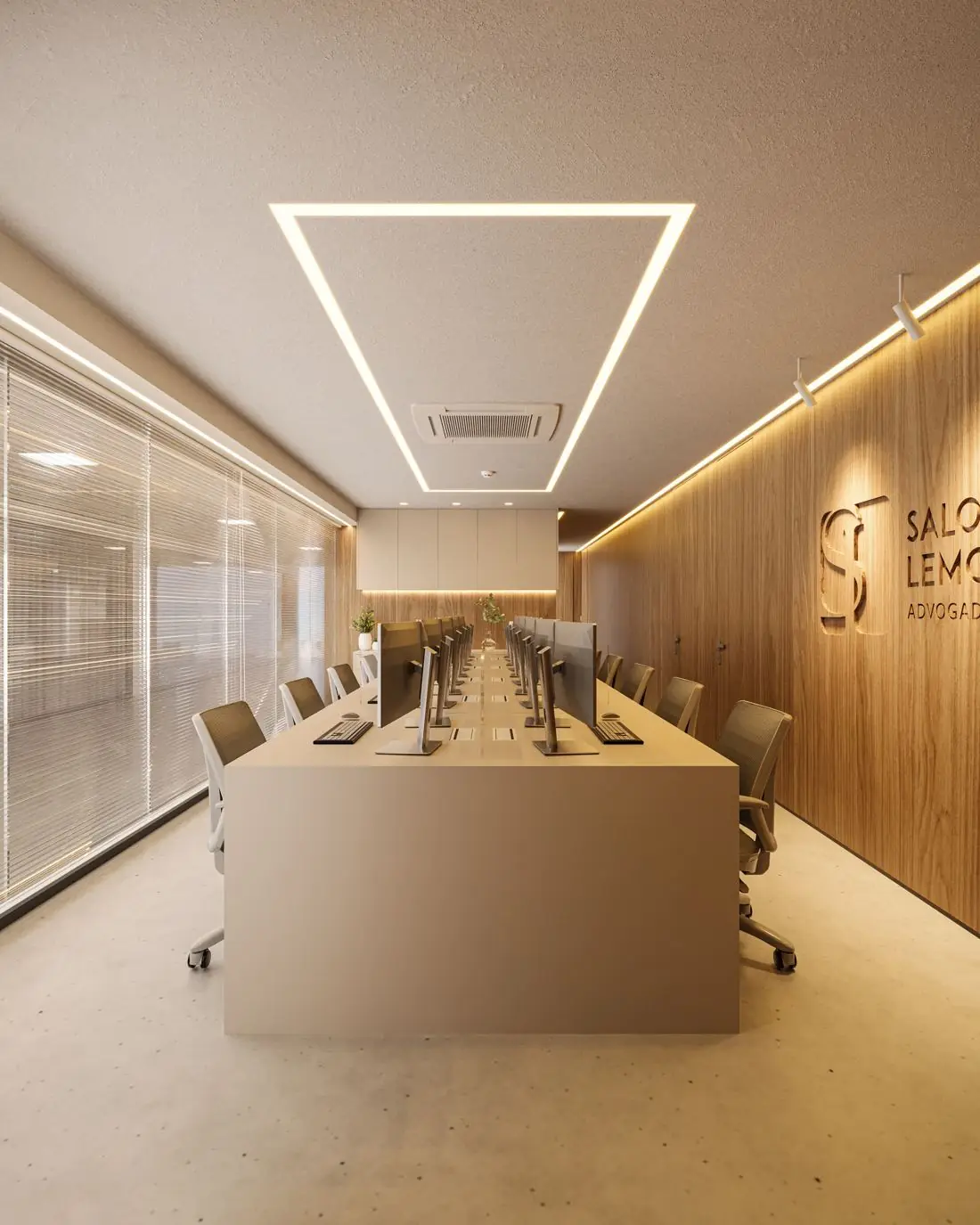 Sala de espera com sofá orgânico, estante iluminada e o logotipo do escritório